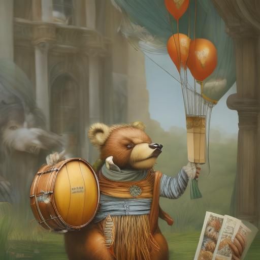 <lora:Musical-Flairs DSv8:1.0>Teddy bears playing a drum, whimsical, Beatrix Potter, Mark Brooks and Dan Mumford, comic book art, perfect, s...