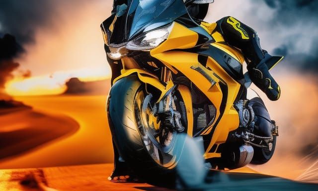 A full portrait of a full sized yellow and black Ducati mort...