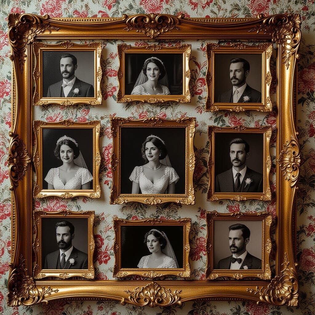 A wall of framed photographs tells the story of a family's history, with each image capturing a unique ...  by @Marius
