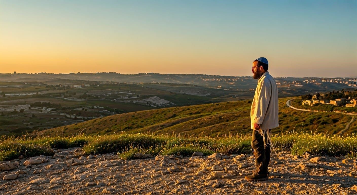 A Jewish Man Contemplates the Land of Israel in a Golden Sun...