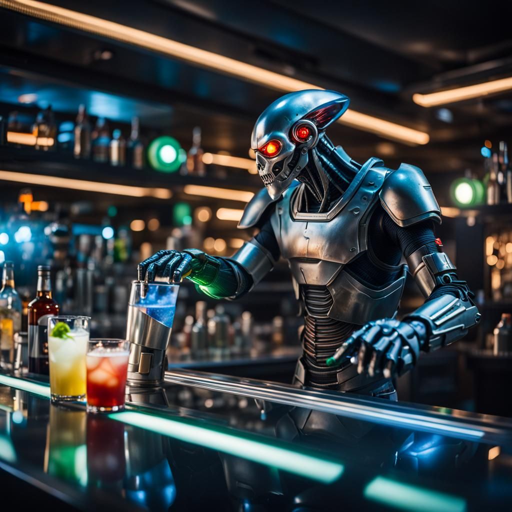 cyborg alien bartender pouring drinks in a space station bar  by @DivineKittyCat