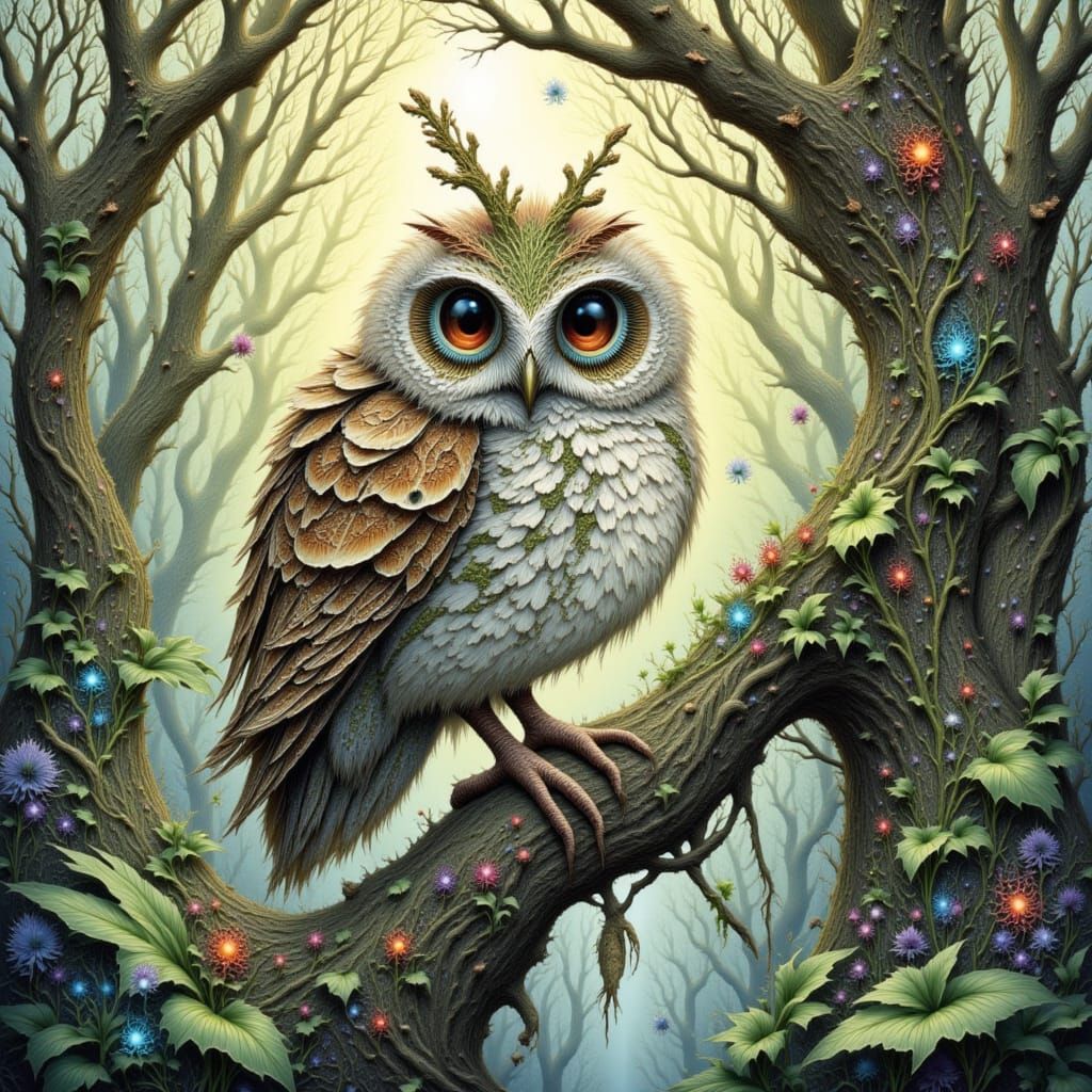 <lora:Eco Flow:1.0> EXQUISITELY BEAUTIFUL EXTREMELY INTRICATE whimsical owl perched on a gnarled, ancient tree branch, its feathers intricat...