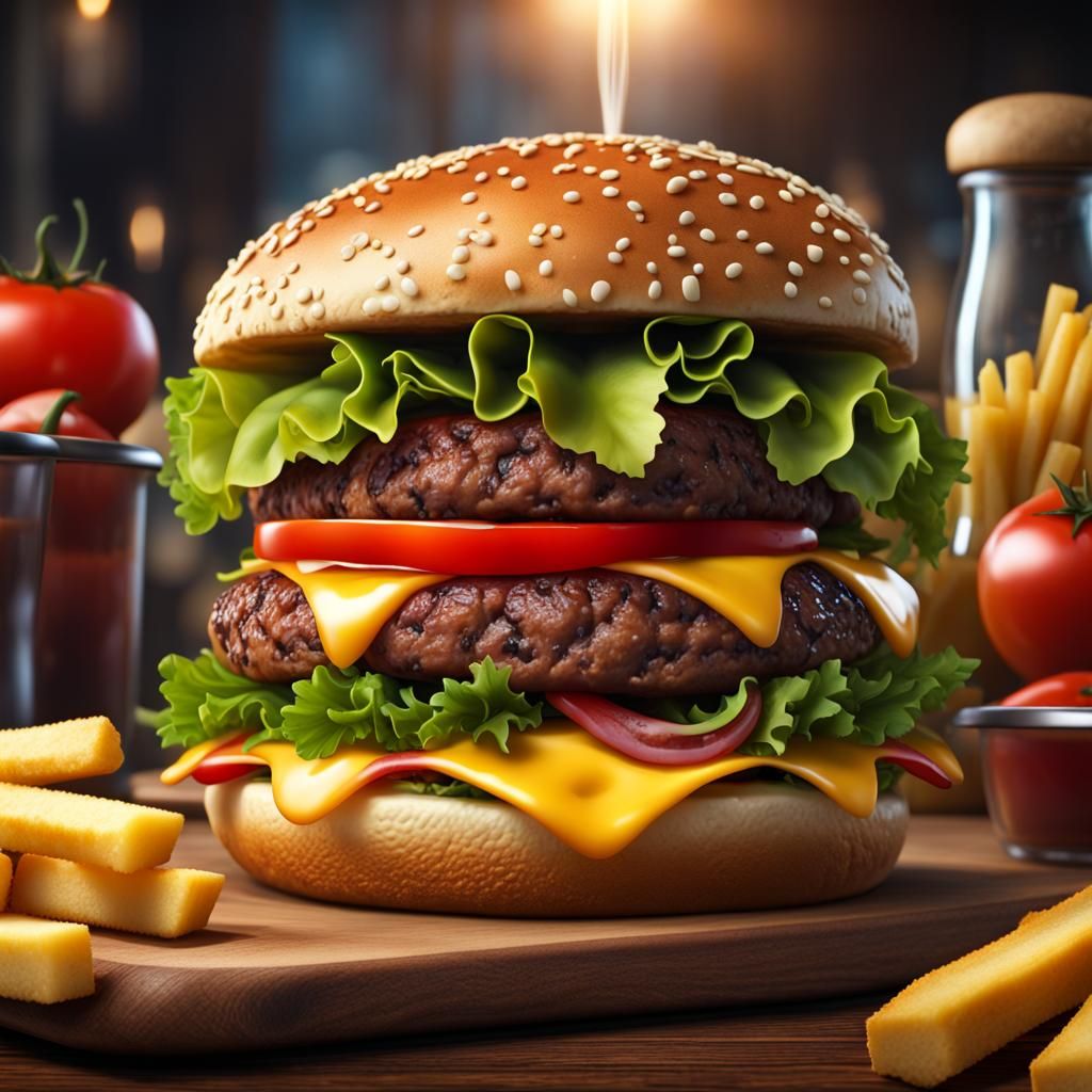 (Juicy hamburger with tomatoes, pickles, cheese, ketchup, mustard,)( French Fries,) highly
