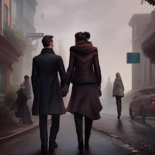 Young couple walking down the street