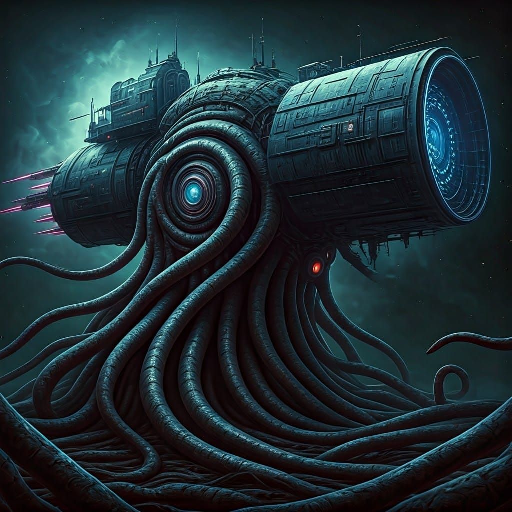 A tentacle monster transforming into a starship in deep spac...