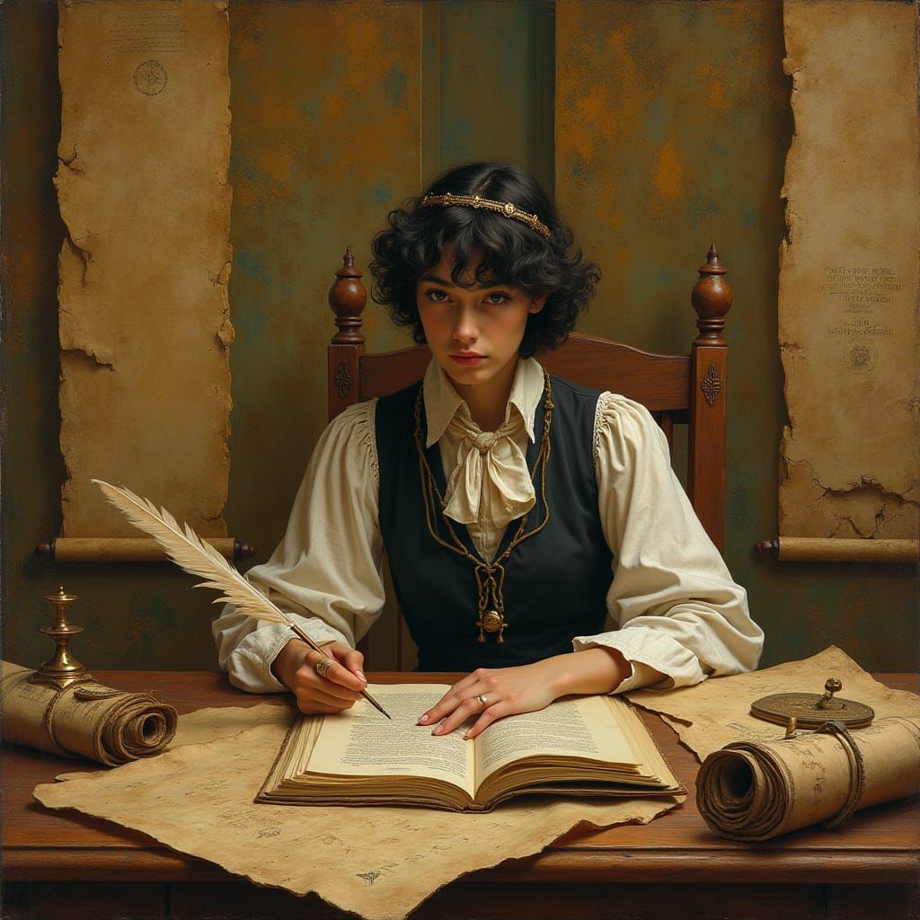 Scholar in Whimsical Study Surrounded by Ancient Scrolls