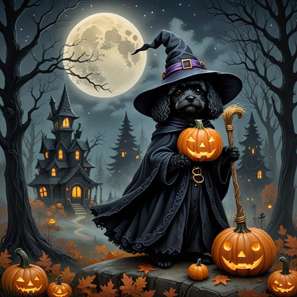 A little black cavapoo dressed as a witch, with a pointed hat, cloak and a broom.  by @kjscosm 