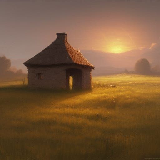 Old wooden fence on a meadow at clear dawn, small stone hut ...