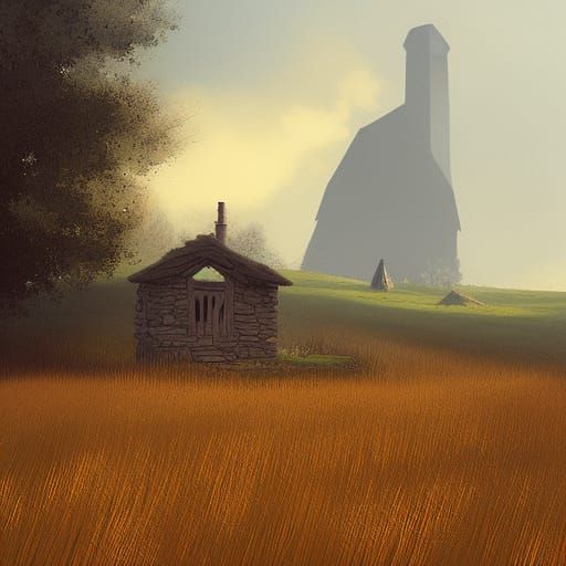 Old wooden fence on a meadow at clear dawn, small stone hut ...