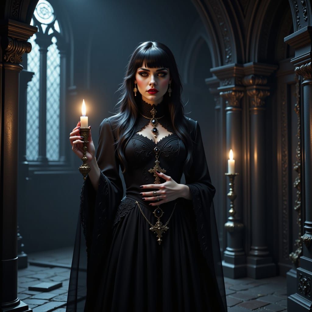 goth priestess in an eerie crypt in the style of <lora:Gothify-her:1.0>holding a crucifix to a vampire detailed matte painting, deep color, ...