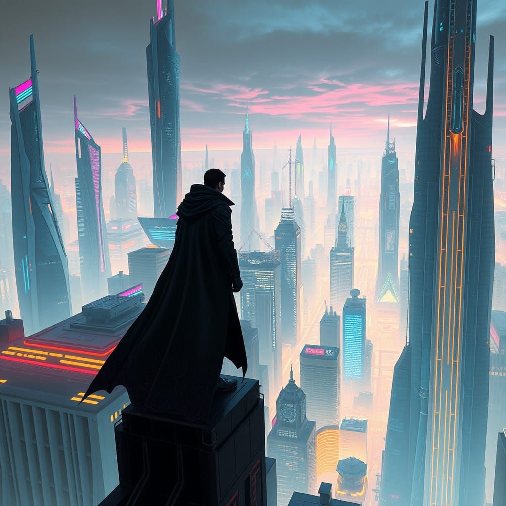 Futuristic Metropolis at Dusk with Enigmatic Figure