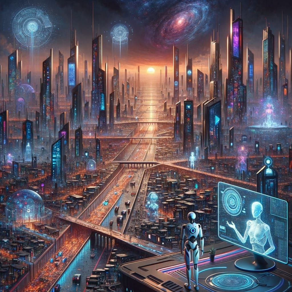 A futuristic city in the year 3050, where advanced AI systems govern, monitor, and allocate resources for humans; robots and holographic dis...