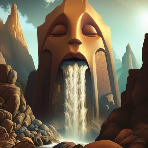 Human Face Mountain with Waterfall coming out of Mouth  by @David Myers