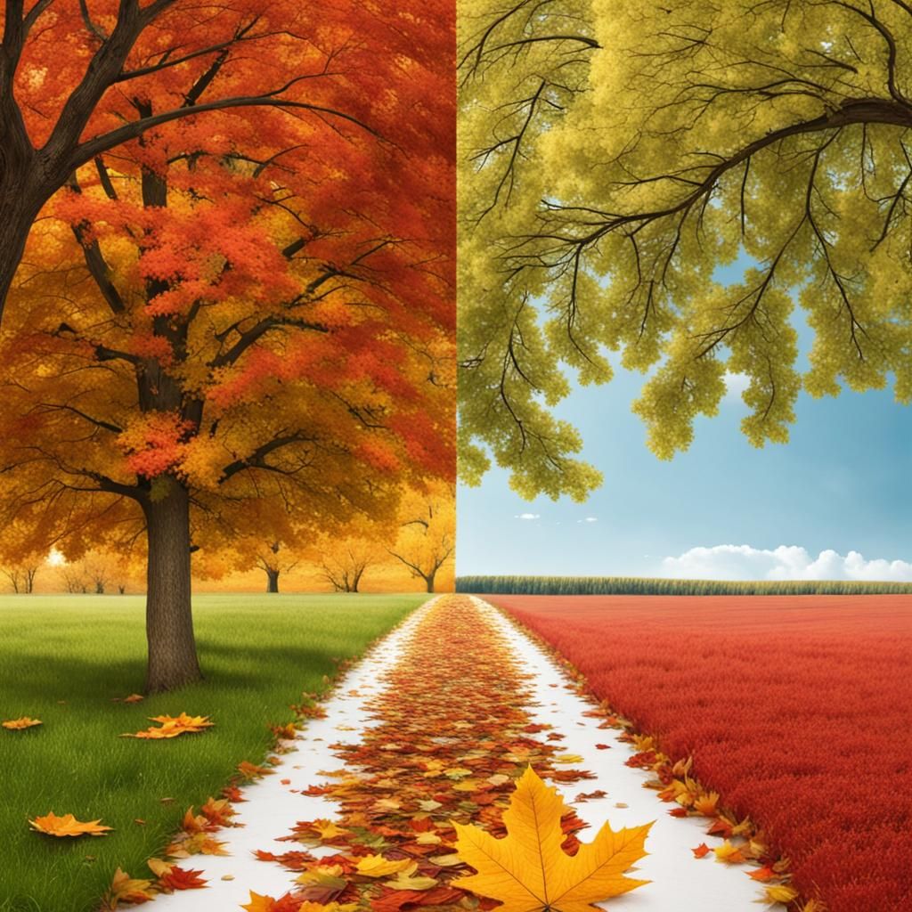 image divided into two halves. on one half summer on the other half autumn.  by @Wildstorm