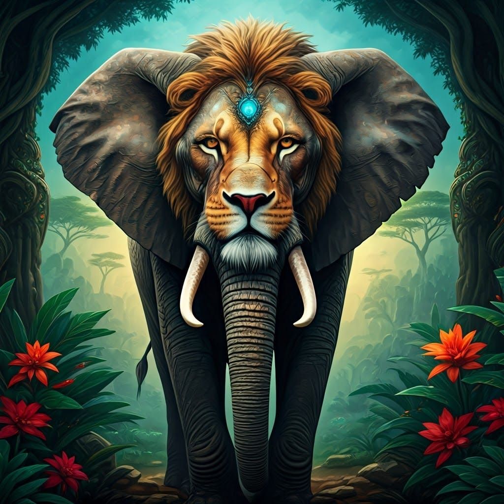 Elephant with Lion Face in Fantasy Landscape