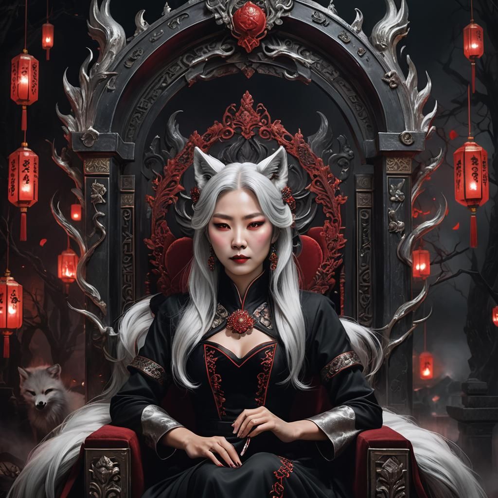 korean lady silver hair black dress red crystals white fox e...