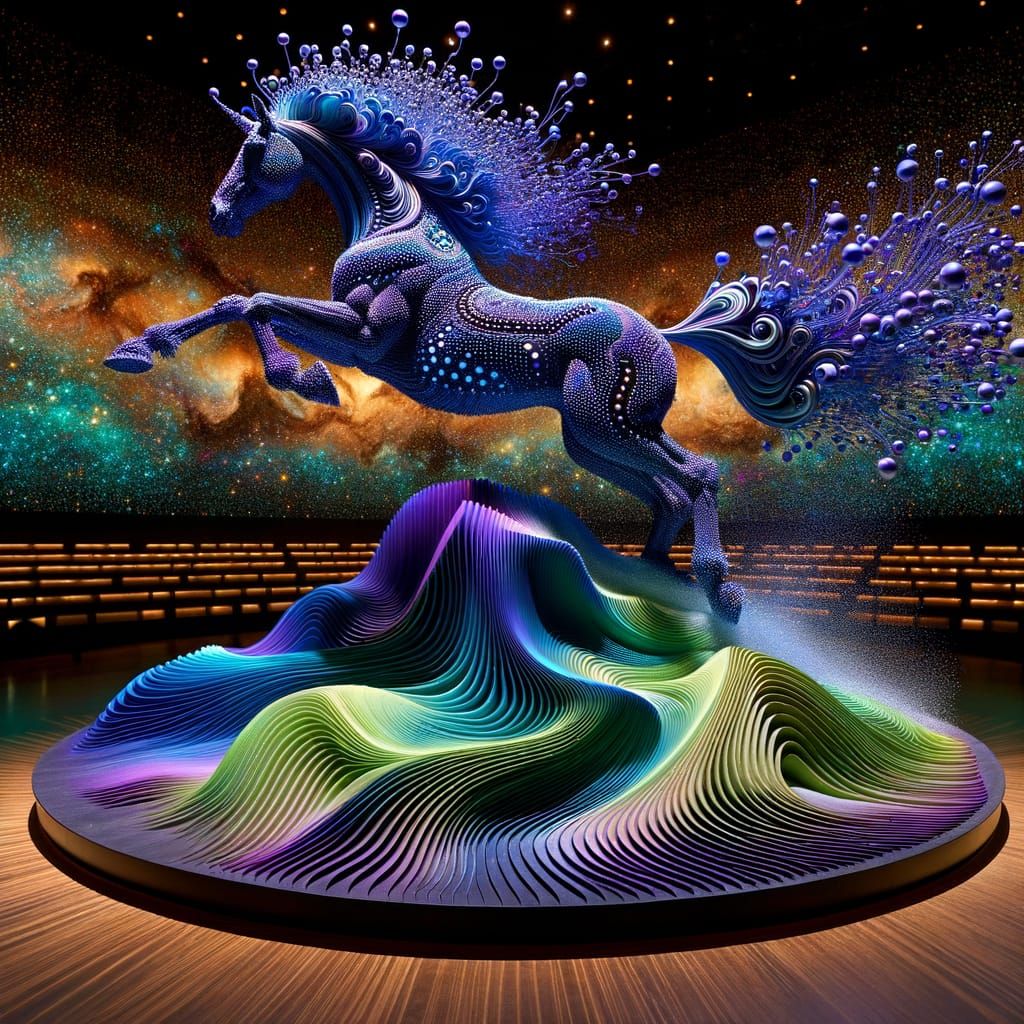 A kinetic diorama of a cosmic rearing horse, body entirely formed from swirling cobalt and orchid-coloured ...  by @HarrietM