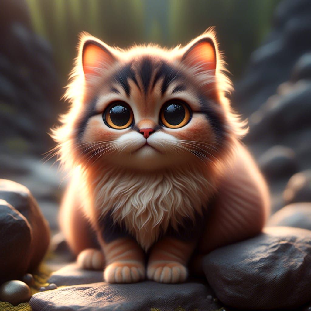 <lora:Frickin Cute:1.0> Cute cat, big eyes, smiling, on a rock