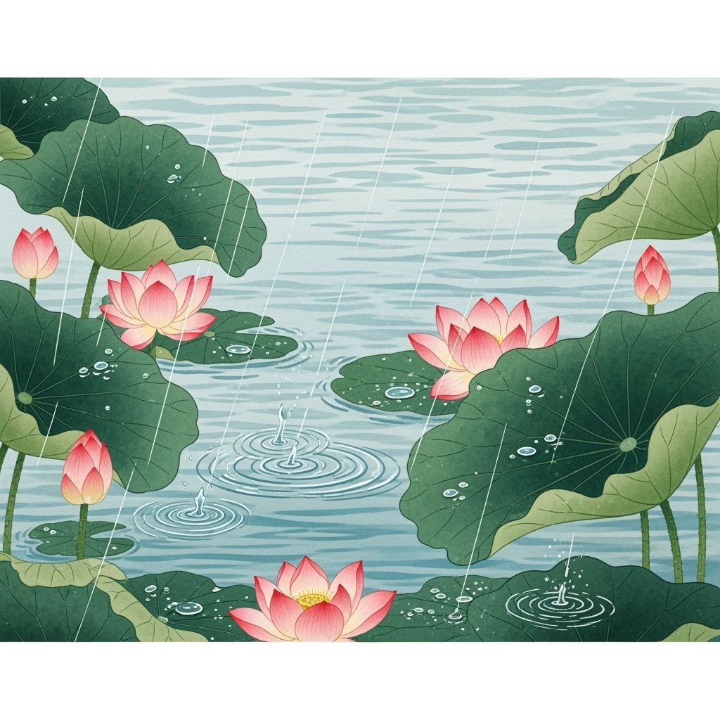 湖面微波荡漾，几朵粉色荷花在水中轻轻漂浮，荷叶宽大而深绿，雨丝斜斜落下，在叶面上溅起细小水珠与涟漪。整个场景静谧而诗意，...