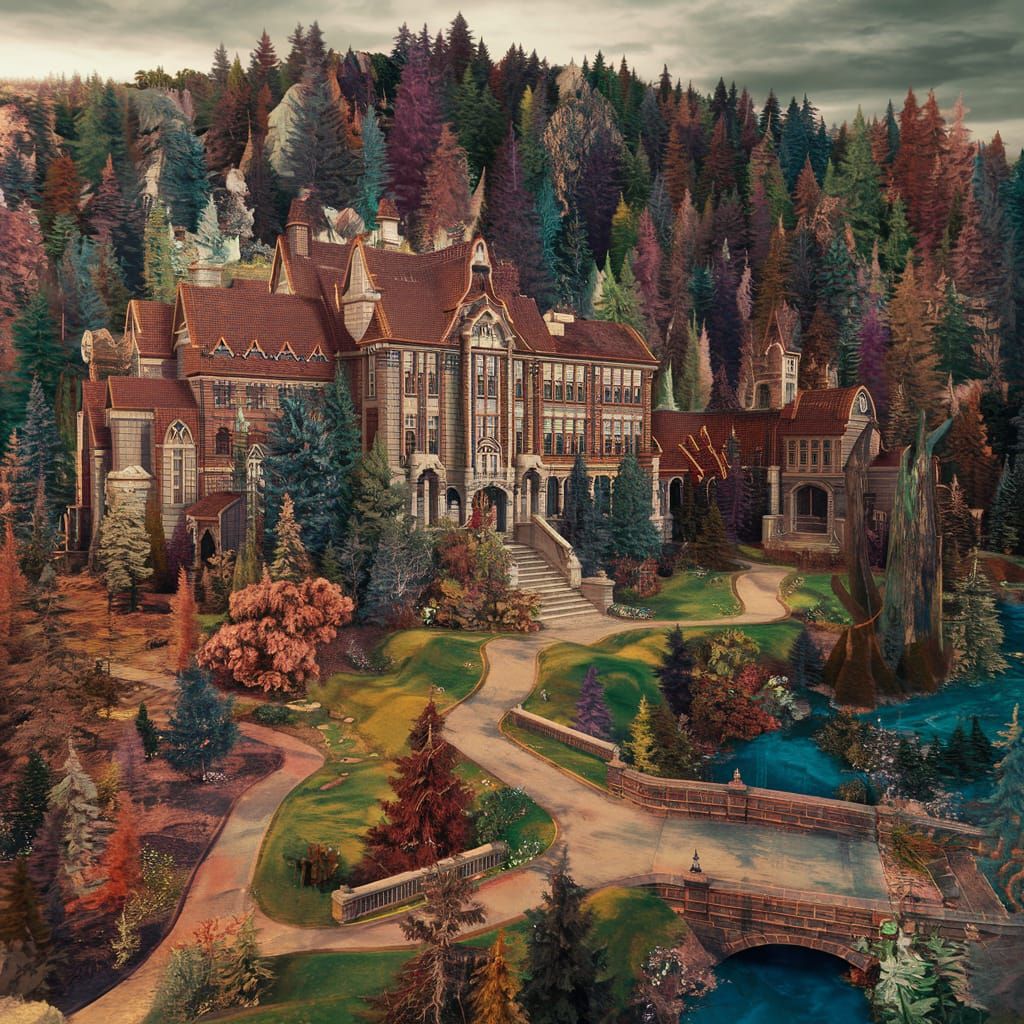 Fantasy School in Lush Forest: Matte Painting