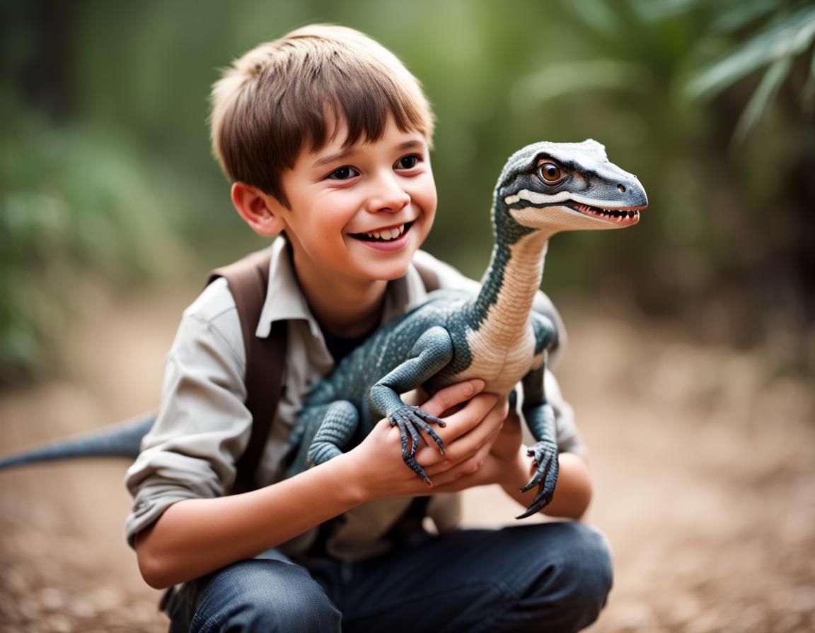 A boy with a cute pet velociraptor