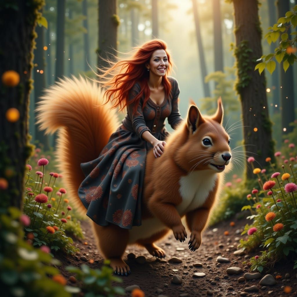 <lora:Face of Kooky:1.0> riding on the back of a giant squirrel