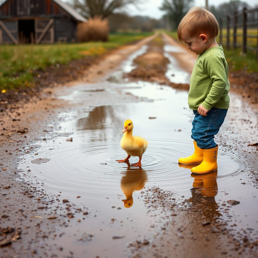 A yellow duckling wildly dances in a puddle of water as boy joyfully watches the fun