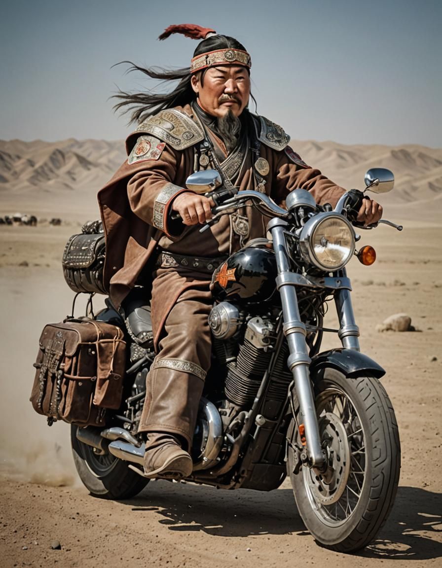 Maximum Anachronism: Genghis Khan Riding a Harley Davidson   by @Chaonea