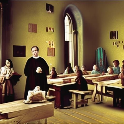 clergyman priest teaching syllables in a school classroom of xviiie ...