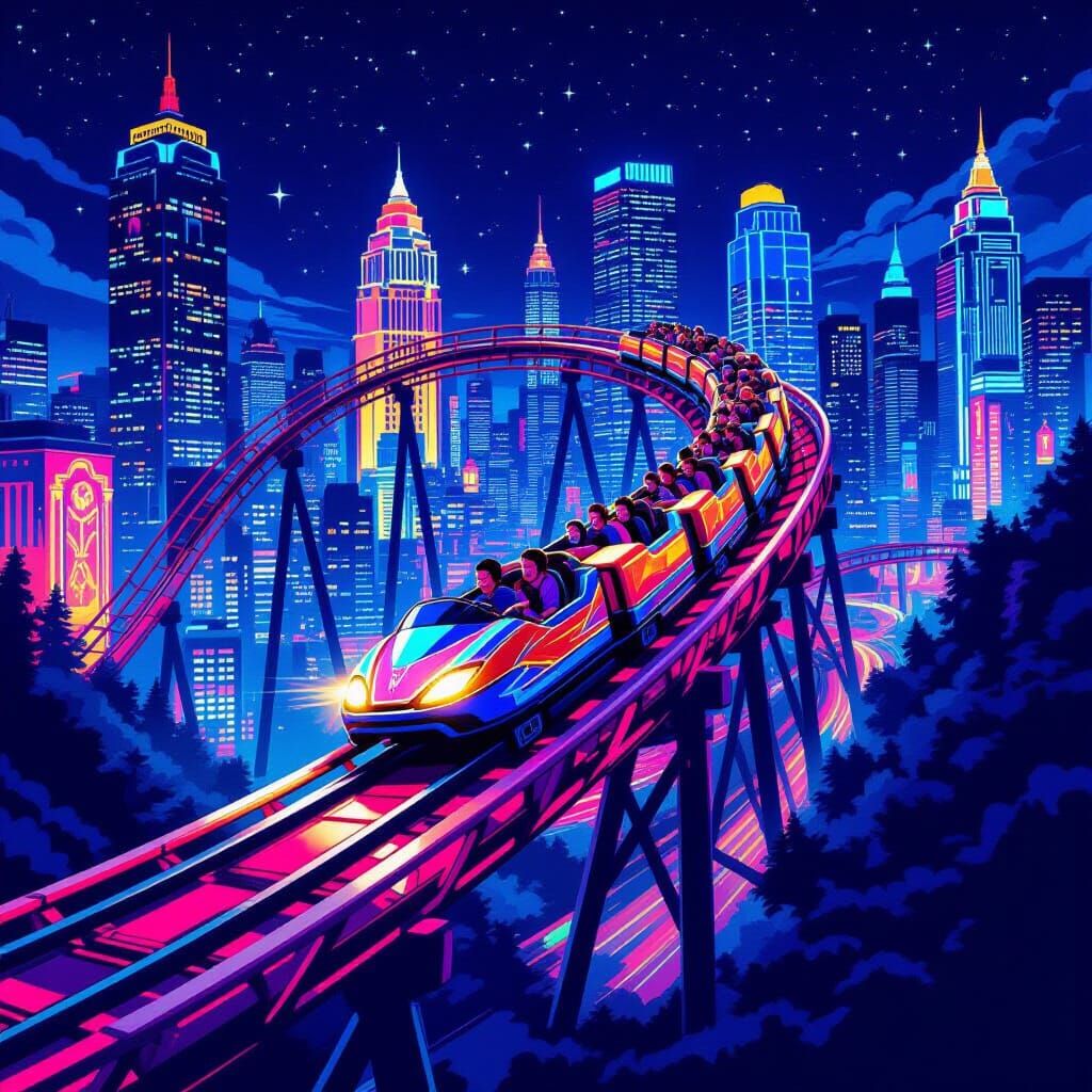 Thrill Ride Through Neon Cityscape at Night