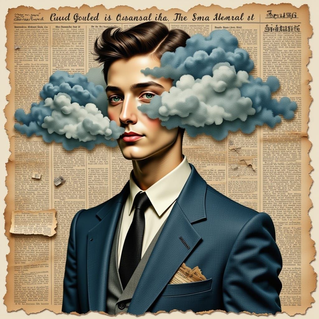 <lora:Mixed Media blending:1.0>A beautiful illustration of a handsome man portrait is perfectly blended with a vintage newspaper texture wit...