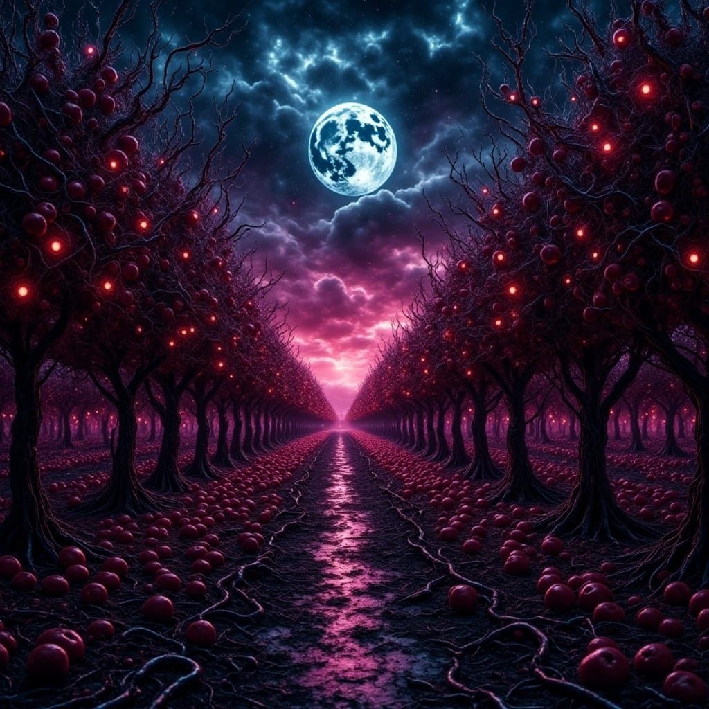 <lora:D3Dflux:1.0> a Grungy oil painting of a back lit epic view of an apple orchard, with archaic leather strapping in a breath-taking val...