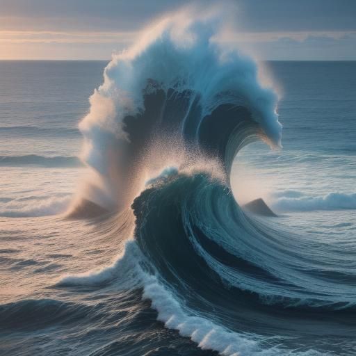 " "A quiet beach at dusk, with biological waves gently crash...