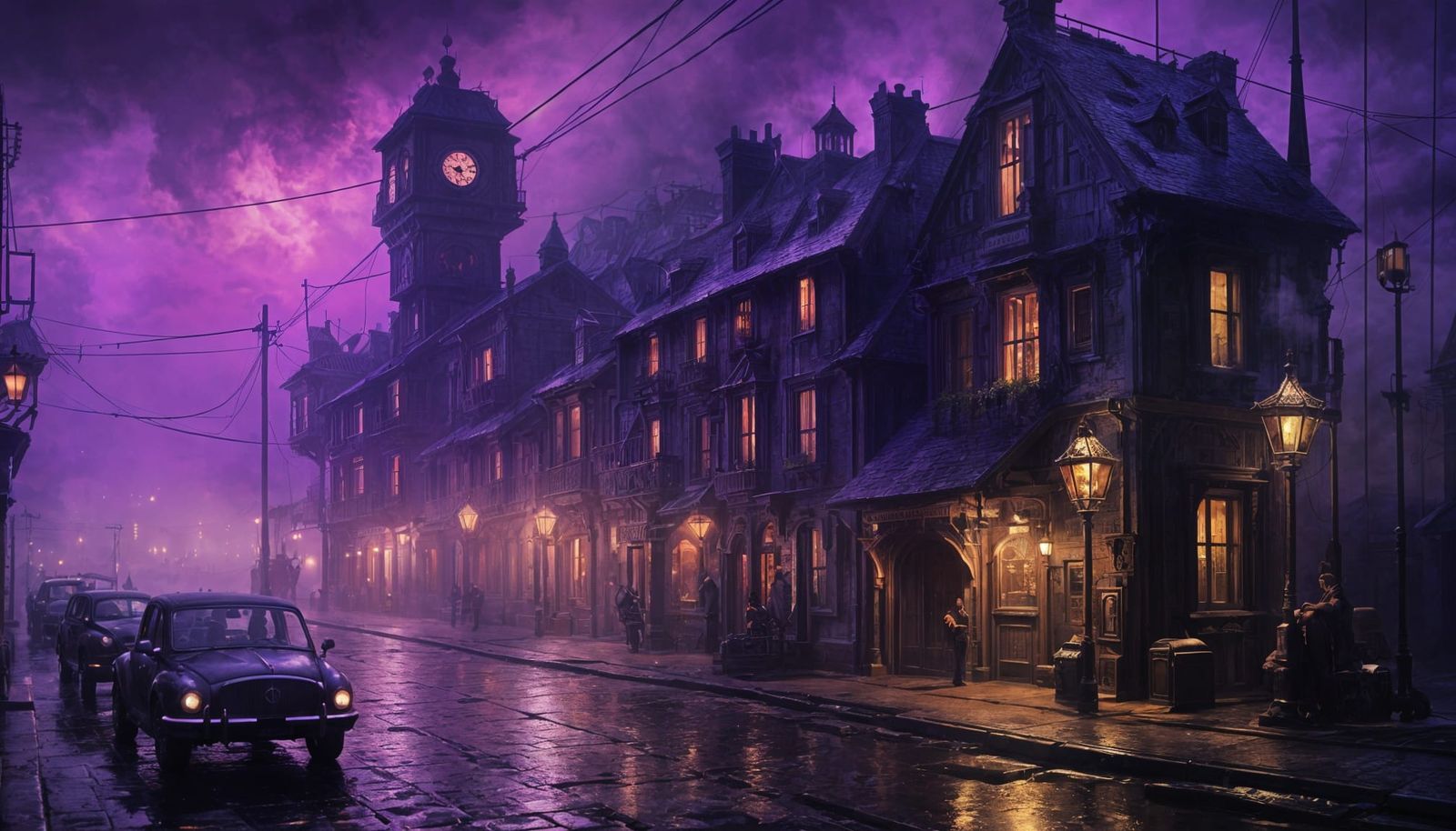 Hyperdetailed steampunk village at midnight,many steampunk houses , geothermal vents emitting Purple ...  by @Silvermoon054