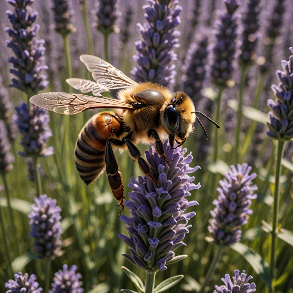 Hyperrealistic, extreme macro photograph of a European Honeybee (Apis mellifera) in mid-flight, just landing on a vibrant lavender blossom. ...