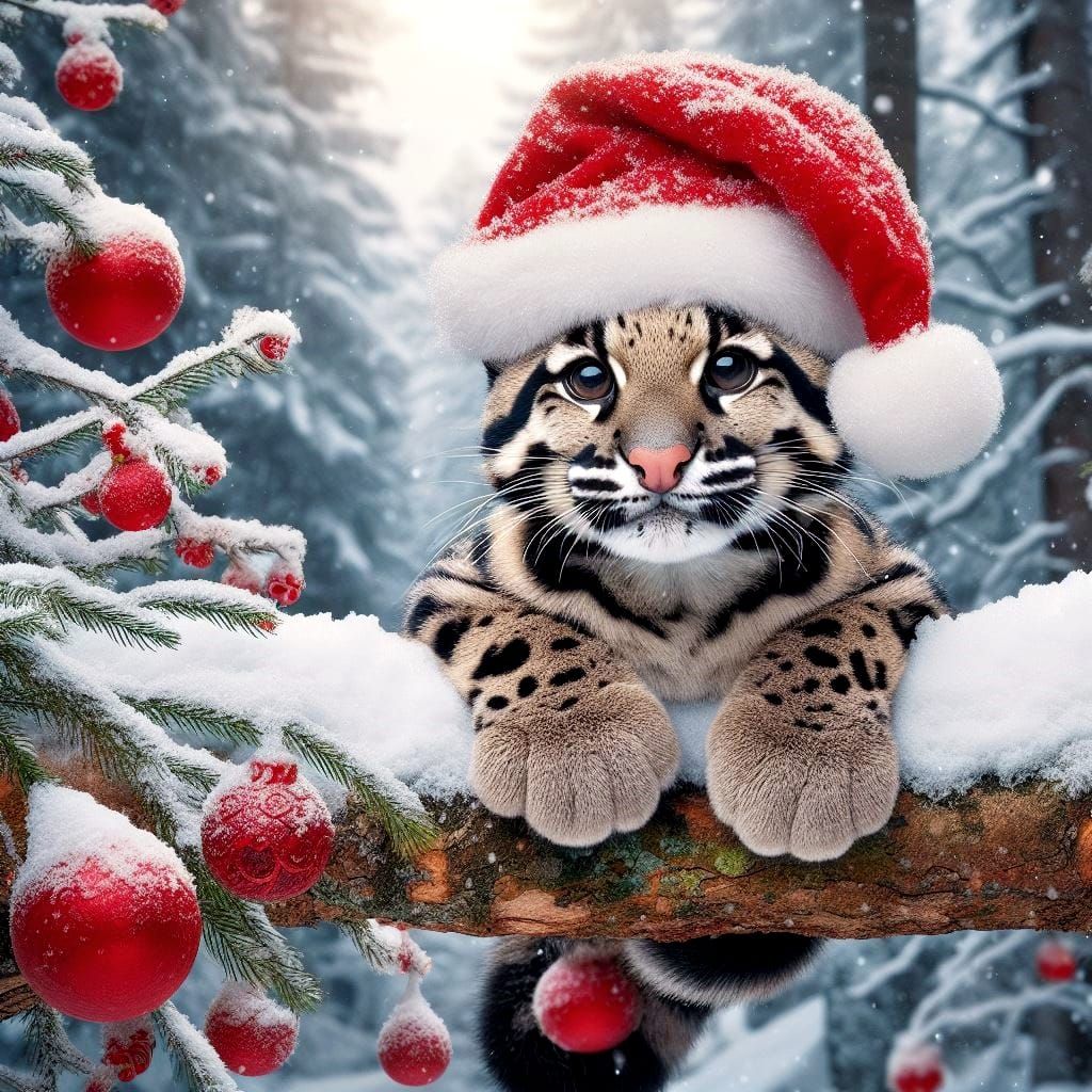 Clouded leopard wearing a Christmas hat