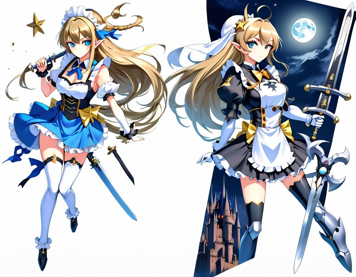 Two girl, different face,maid,elf,moon,star,no underwear, pretty, castle,  sword, by artist 