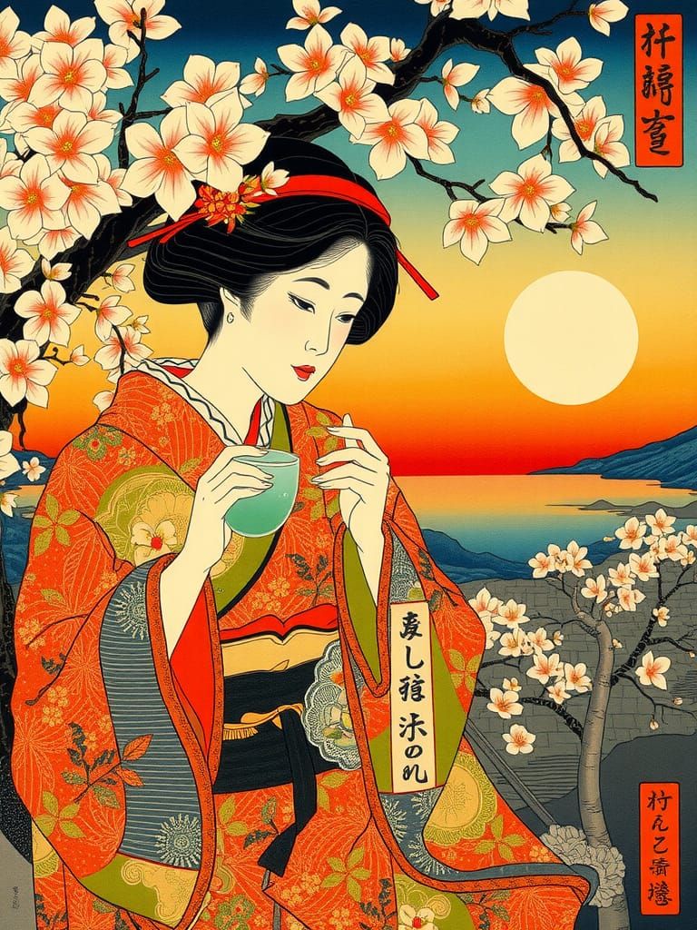 Kimono Woman's Tea Ceremony in Ukiyo-e Style