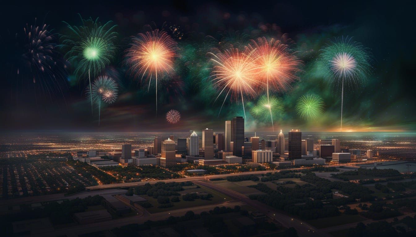 fireworks over Oklahoma City, dark night, aurora Epic cinematic