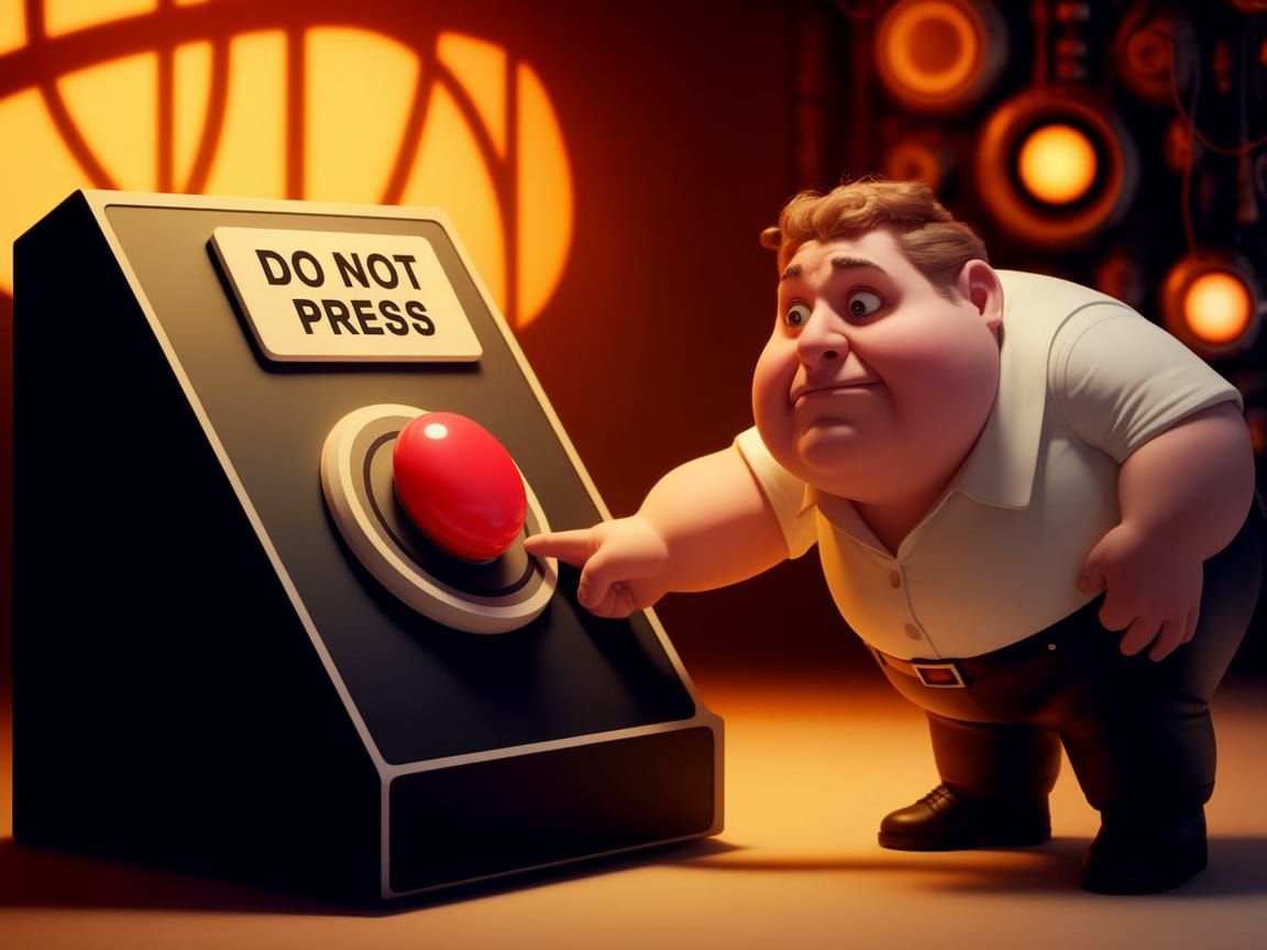 A black controlpanel with a large red button, a label above it  with  'DO NOT PRESS' printed on it, ...  by @Jim