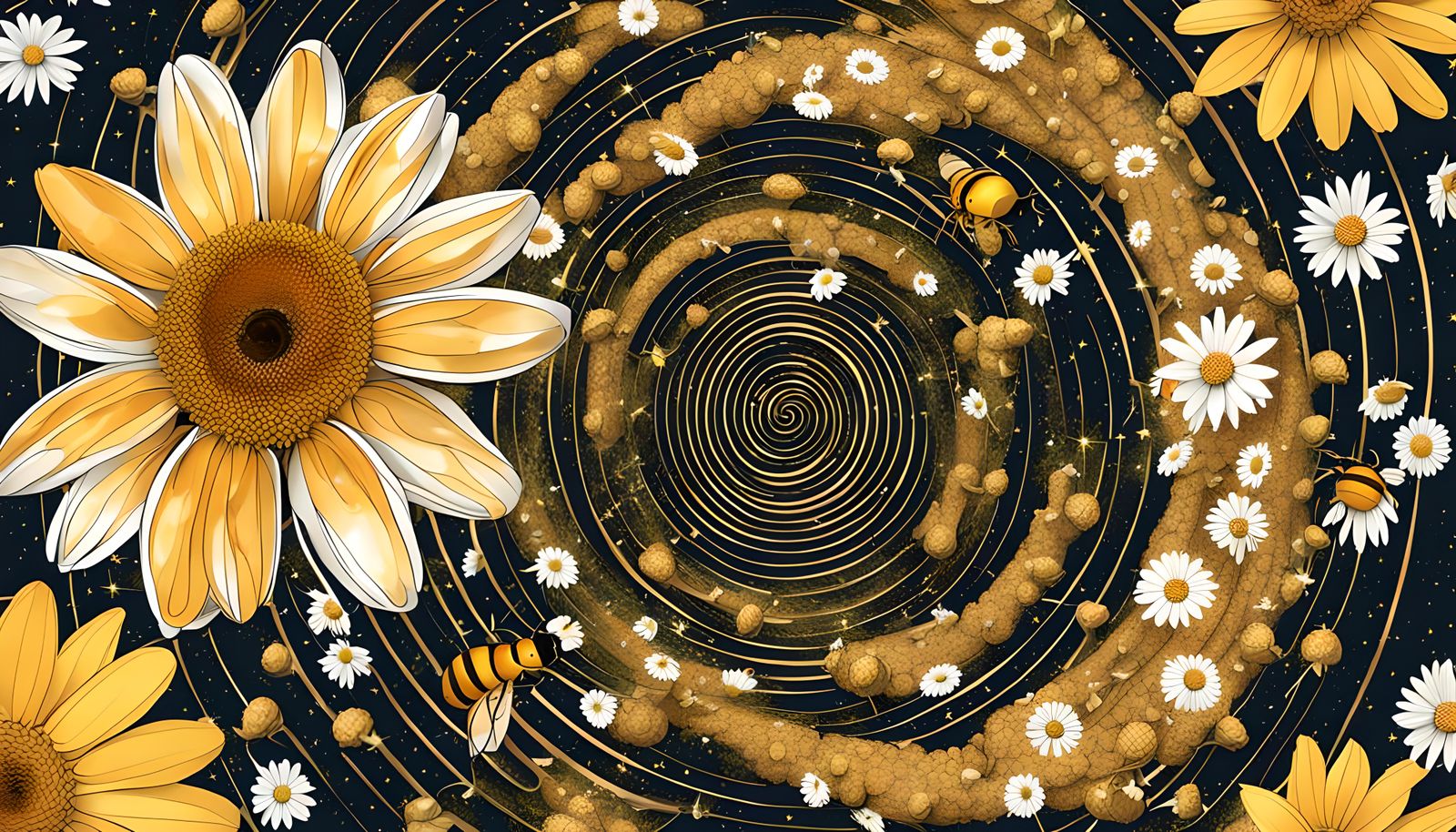 Apple, daisies, Golden spiral, Pi, stars, honey bee