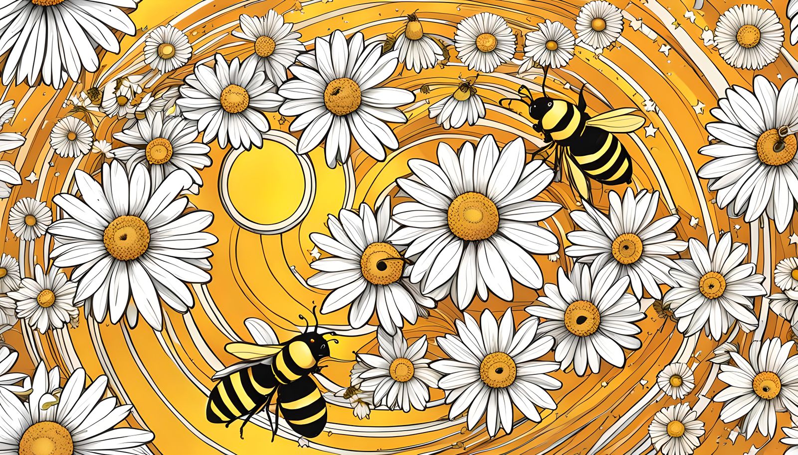 Apple, daisies, Golden spiral, Pi, stars, honey bee