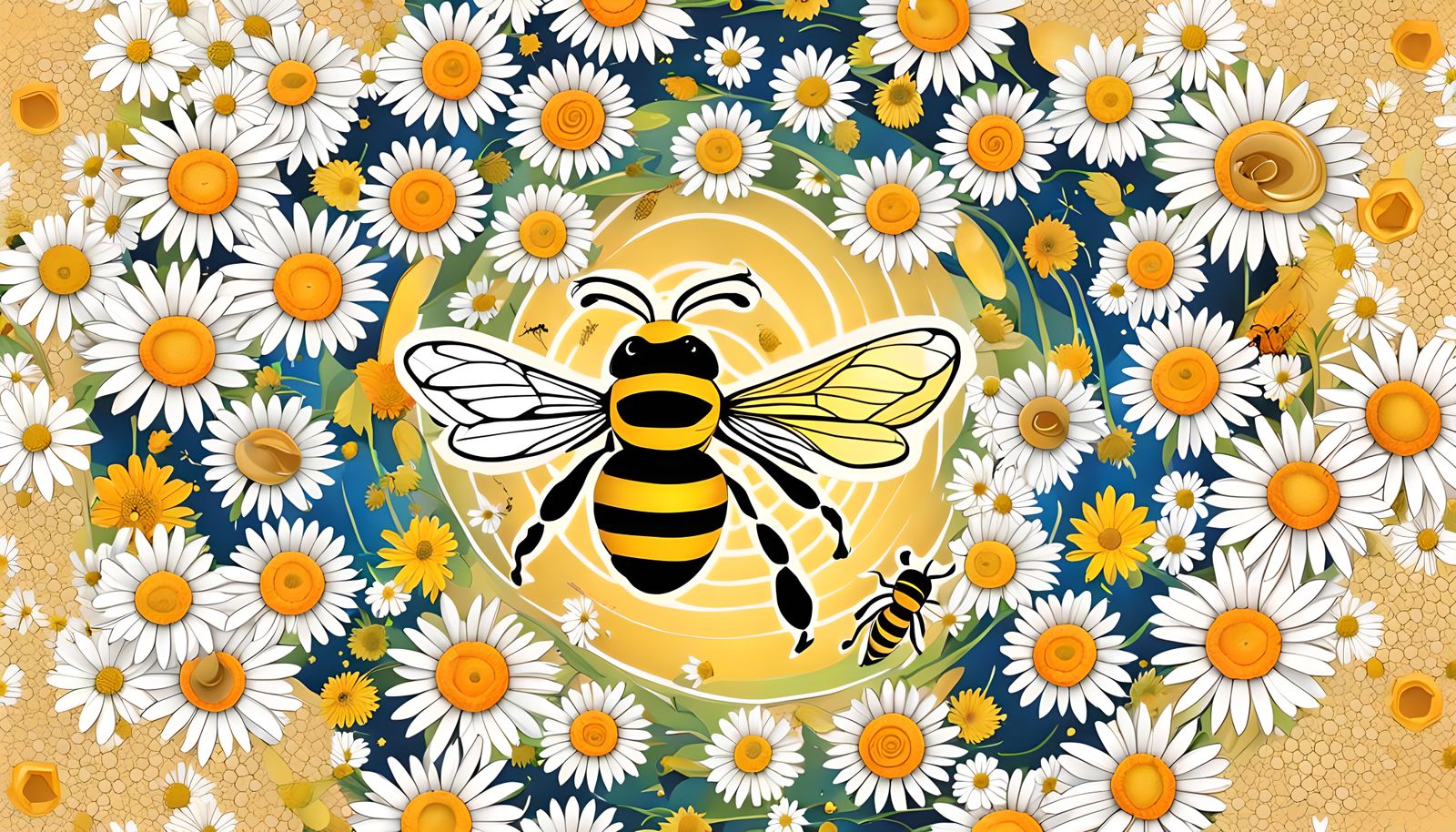 Apple, daisies, Golden spiral, Pi, stars, honey bee