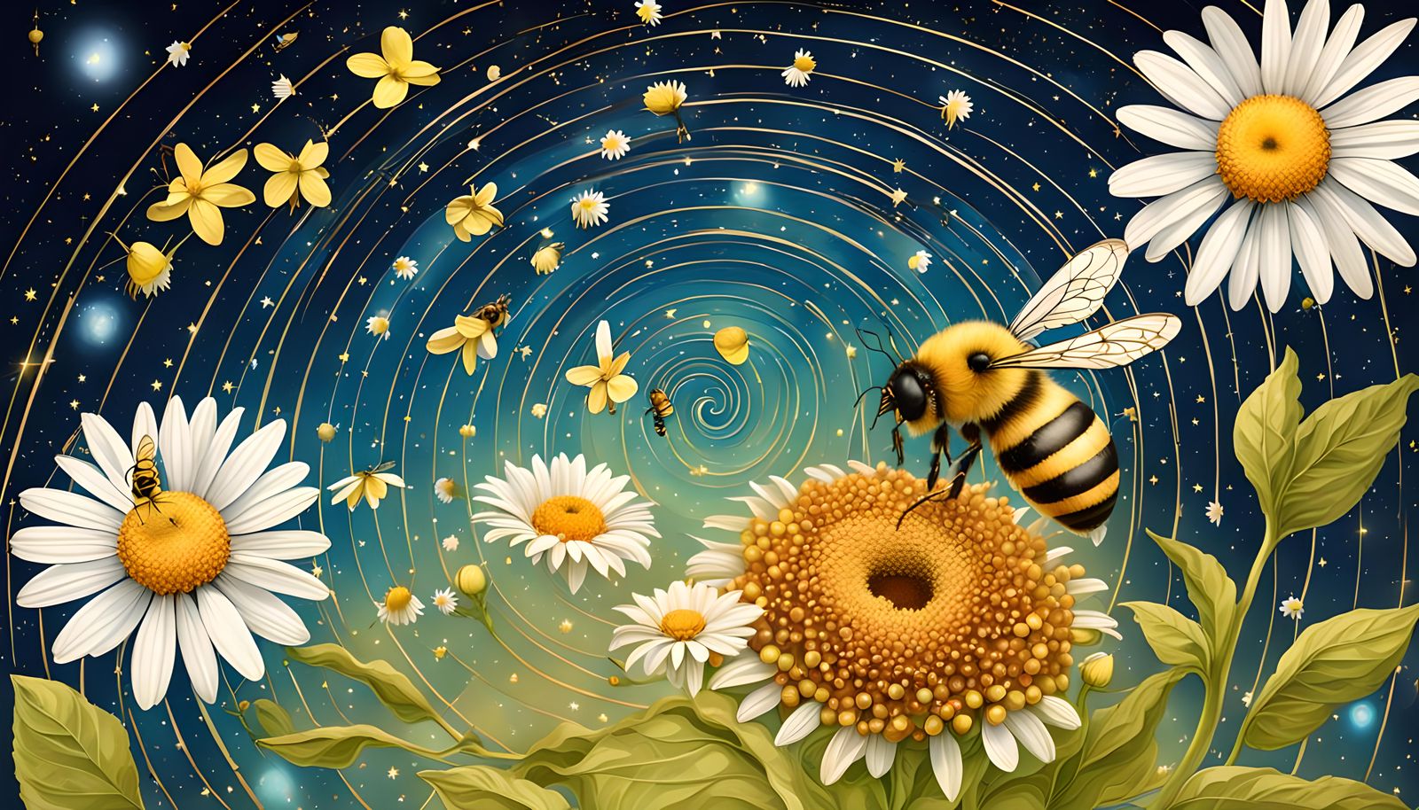 Apple, daisies, Golden spiral, Pi, stars, honey bee
