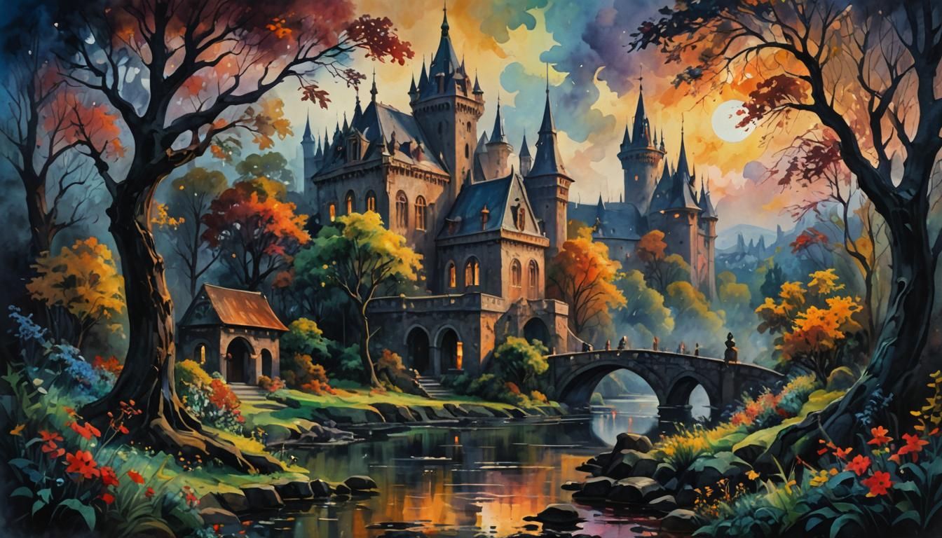 Romantic dark fantasy, in Gouache Style, Watercolor, Museum ...