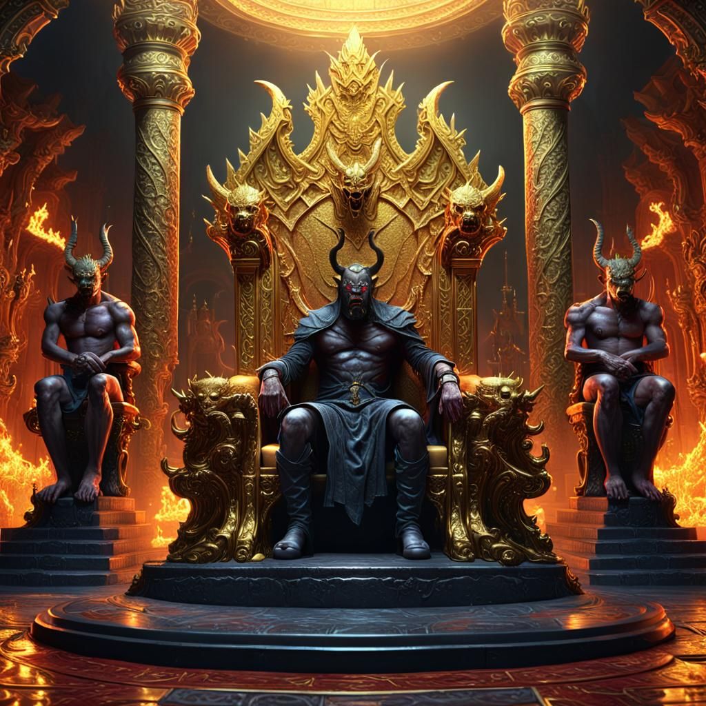 hell throne room with golden throne and demon sitting on the throne ...