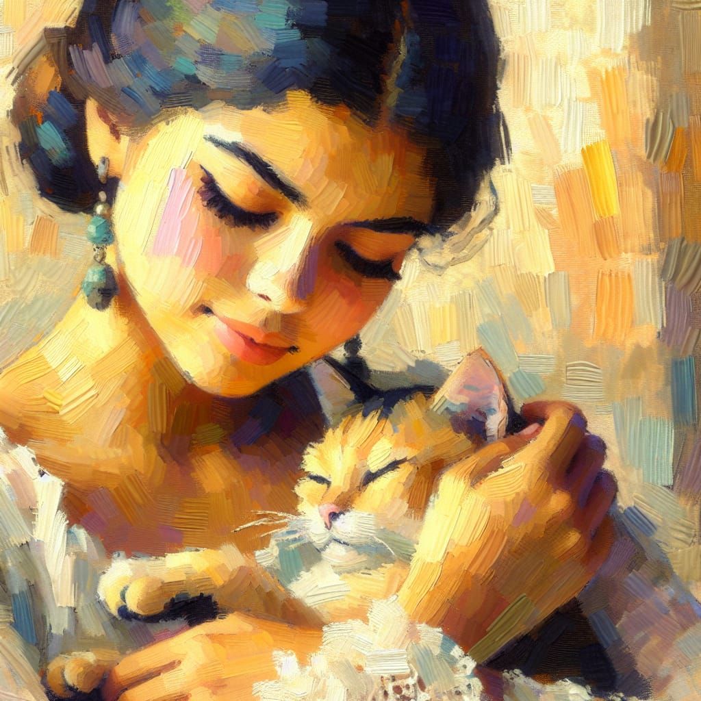 A soft impressionist-style painting of a woman gently embracing a cat  by @Medi