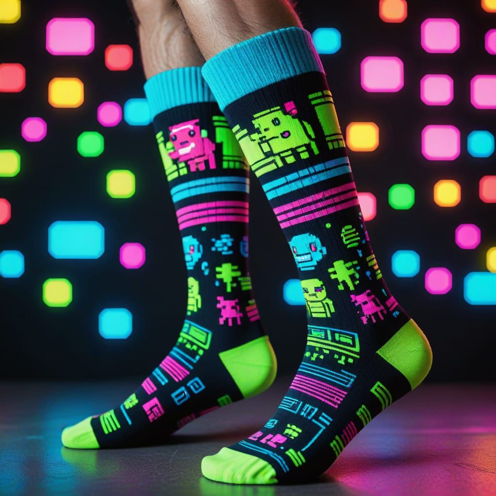 Design a vibrant and quirky pair of socks inspired by retro arcade games from the 1980s. Incorporate ...  by @MisterAce