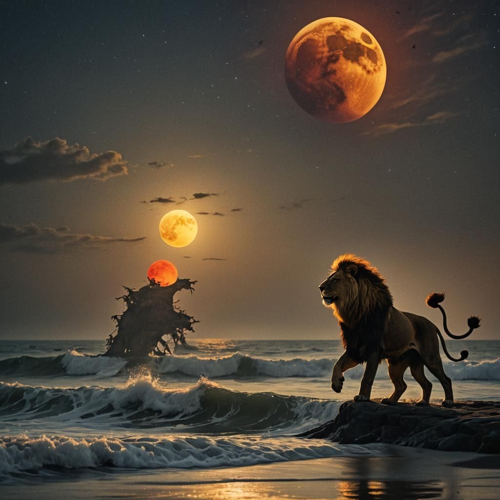 Lion Leaps at Moonlit Ocean: Hyperrealistic Digital Art