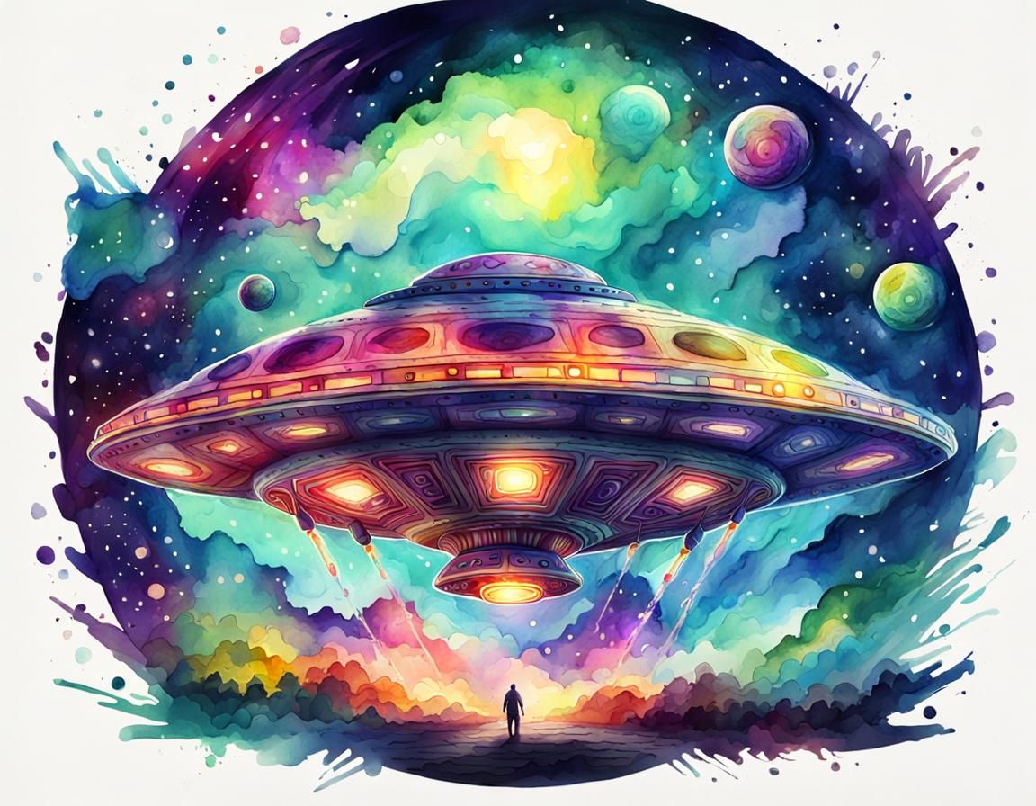 Digital watercolor Psychedelic flying saucer. Cinematic, epi...